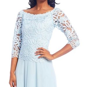 Embroidered Floral Lace Bodice 3/4 Sleeve Square Neck Gown